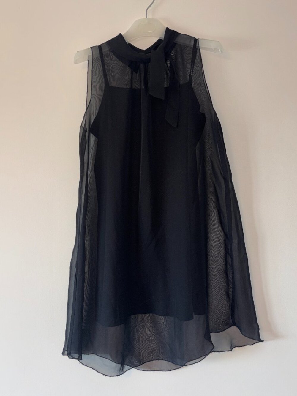 2 piece layered cami and sheer top black neck tie scarf